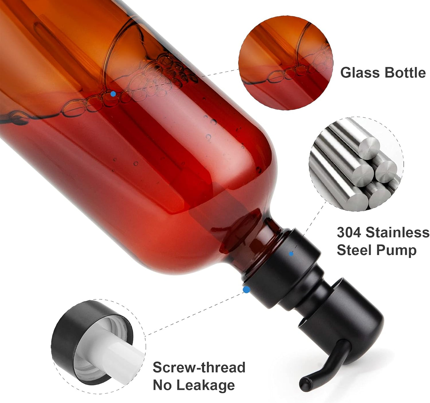 Amber Glass Soap Dispenser, 2 Pack Thick Amber Pint Jar Bottle with Black Pump Stainless Steel, 17 Oz Hand Soap Dispenser Bottle for Liquid Lotion, Bathroom Kitchen Dish Soap Dispensers