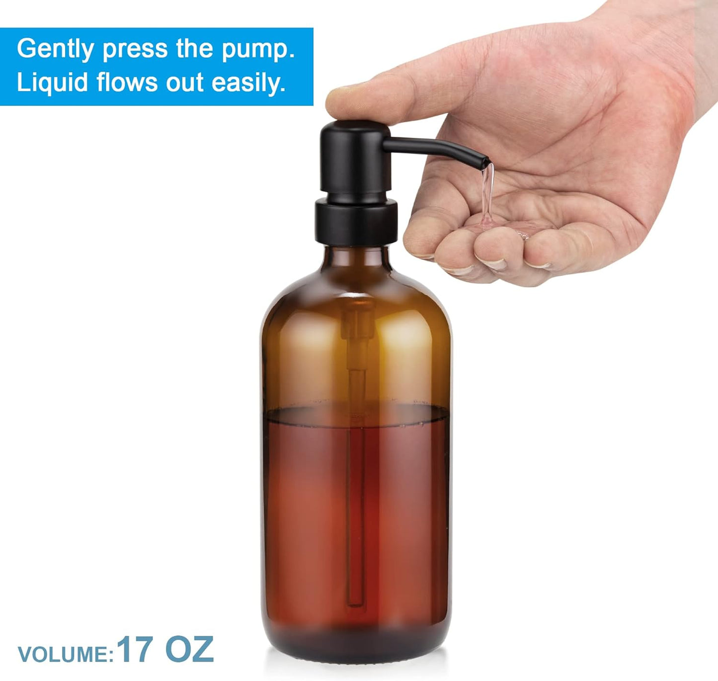 Amber Glass Soap Dispenser, 2 Pack Thick Amber Pint Jar Bottle with Black Pump Stainless Steel, 17 Oz Hand Soap Dispenser Bottle for Liquid Lotion, Bathroom Kitchen Dish Soap Dispensers