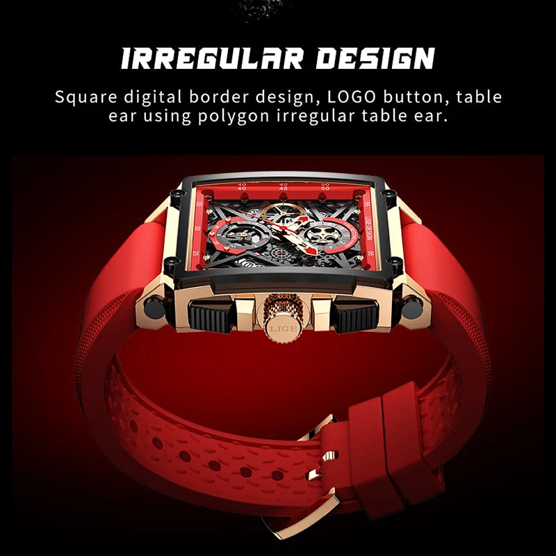 2025 New Men Watches Top Brand Luxury Hollow Square Sport Watch for Men Fashion Silicone Strap Waterproof Quartz Wristwatch