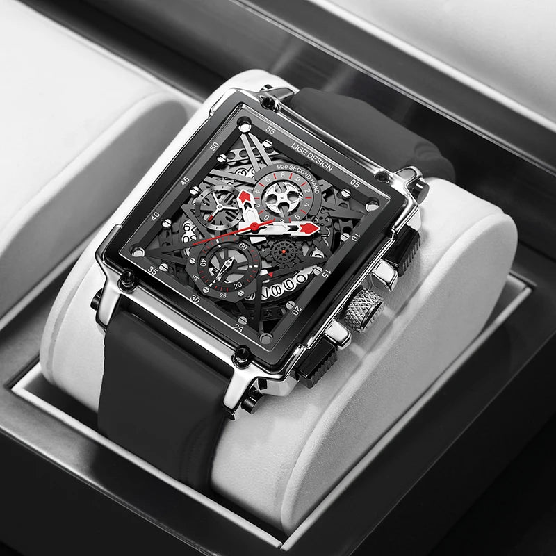 2025 New Men Watches Top Brand Luxury Hollow Square Sport Watch for Men Fashion Silicone Strap Waterproof Quartz Wristwatch