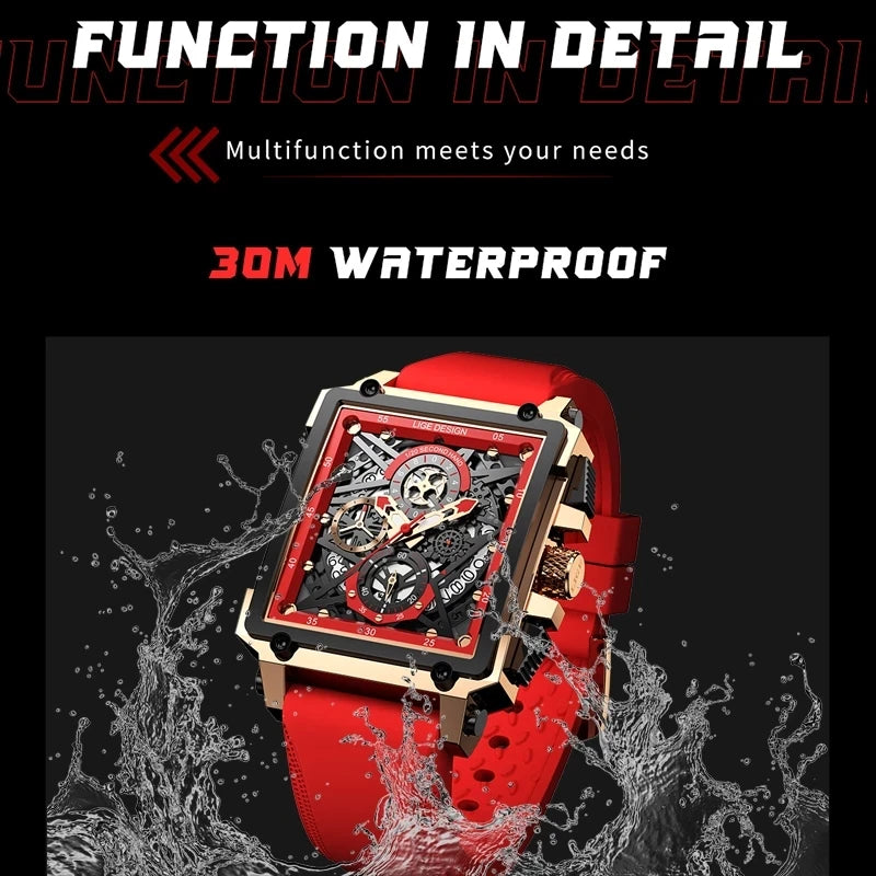 2025 New Men Watches Top Brand Luxury Hollow Square Sport Watch for Men Fashion Silicone Strap Waterproof Quartz Wristwatch