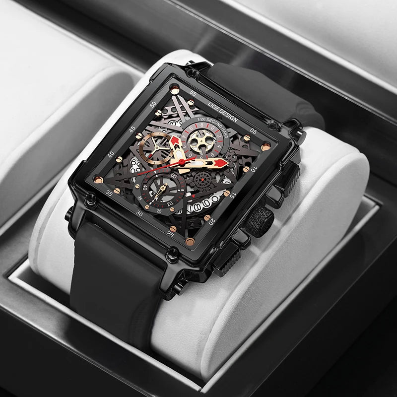 2025 New Men Watches Top Brand Luxury Hollow Square Sport Watch for Men Fashion Silicone Strap Waterproof Quartz Wristwatch