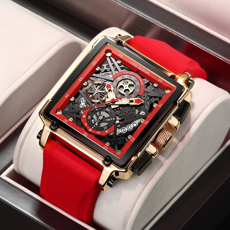 2025 New Men Watches Top Brand Luxury Hollow Square Sport Watch for Men Fashion Silicone Strap Waterproof Quartz Wristwatch