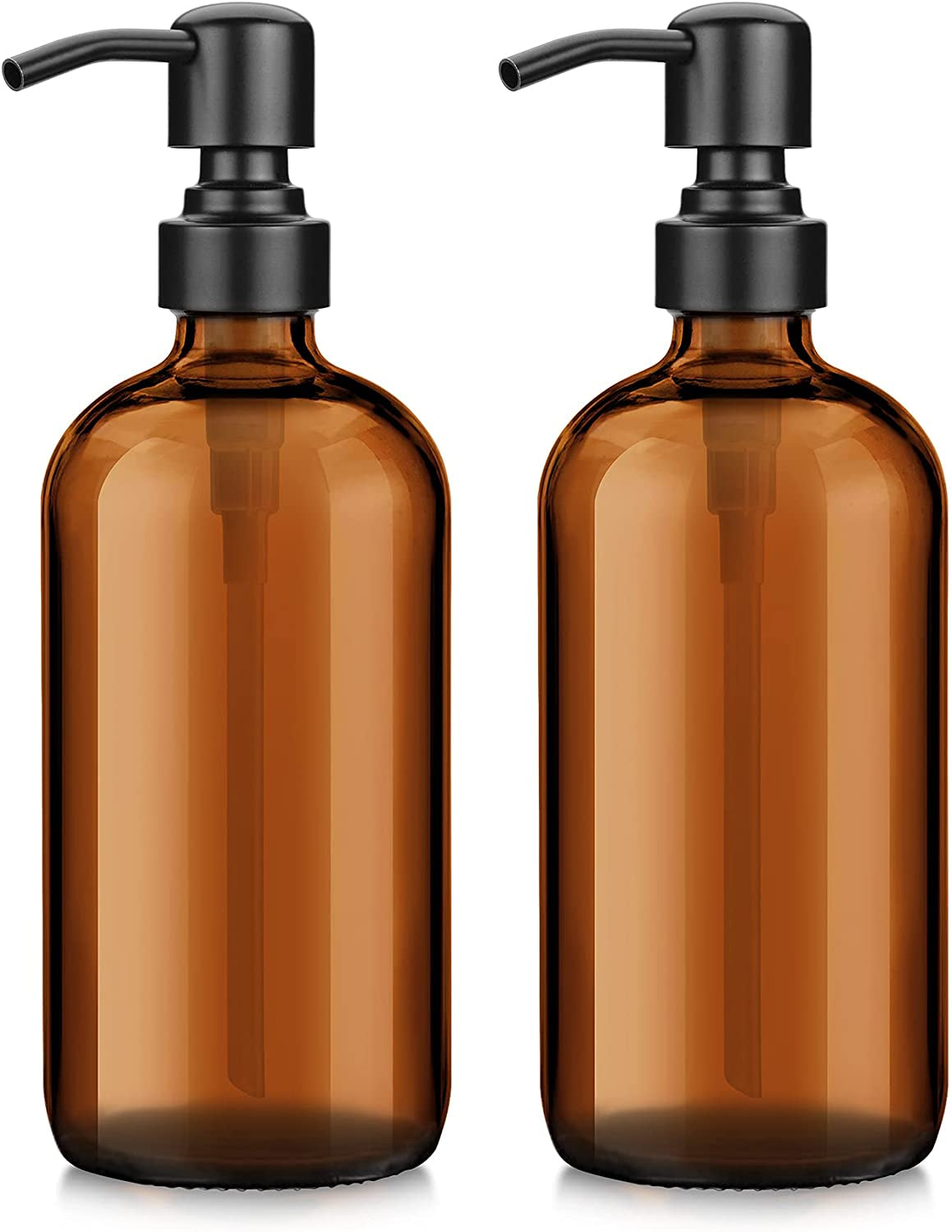 Amber Glass Soap Dispenser, 2 Pack Thick Amber Pint Jar Bottle with Black Pump Stainless Steel, 17 Oz Hand Soap Dispenser Bottle for Liquid Lotion, Bathroom Kitchen Dish Soap Dispensers