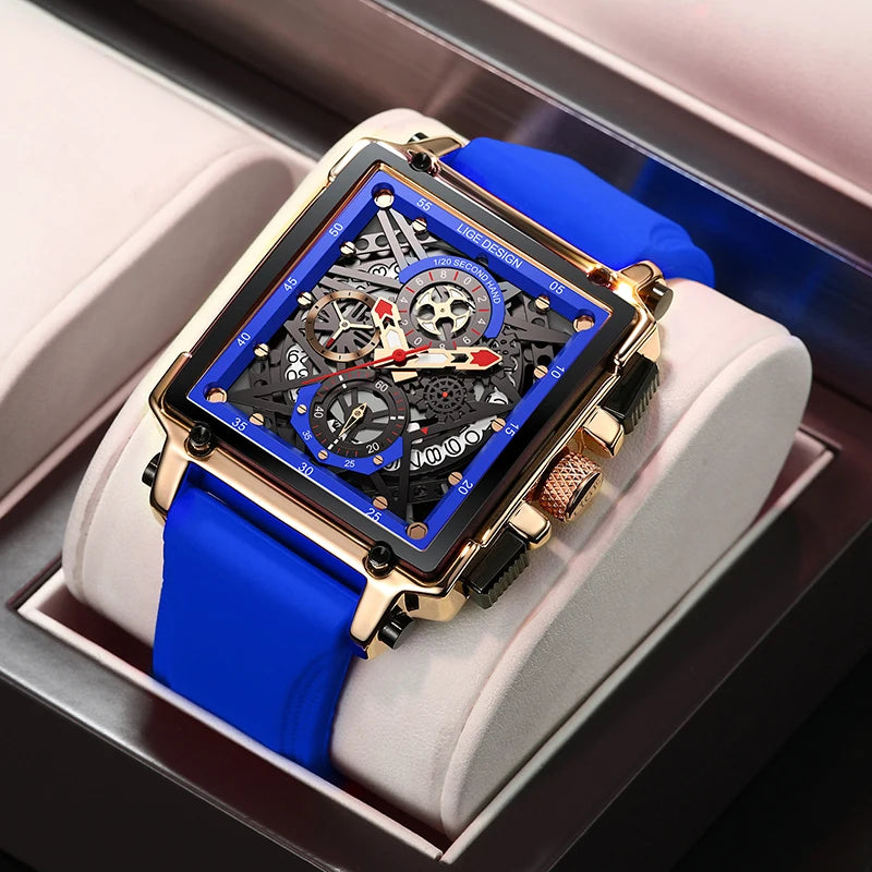 2025 New Men Watches Top Brand Luxury Hollow Square Sport Watch for Men Fashion Silicone Strap Waterproof Quartz Wristwatch