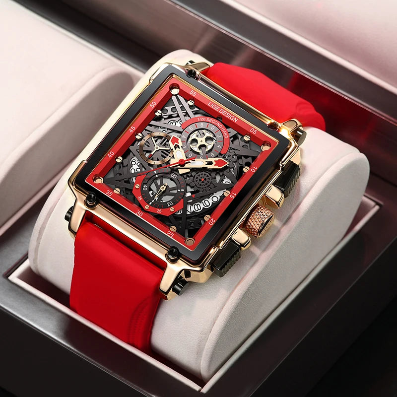 2025 New Men Watches Top Brand Luxury Hollow Square Sport Watch for Men Fashion Silicone Strap Waterproof Quartz Wristwatch