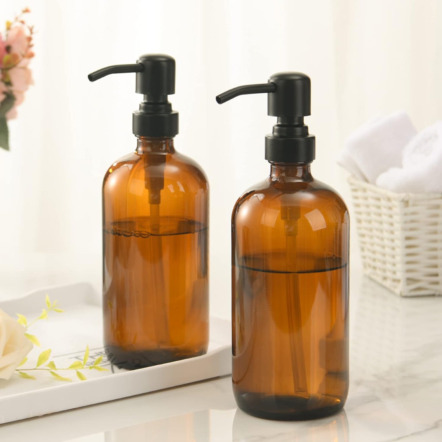 Amber Glass Soap Dispenser, 2 Pack Thick Amber Pint Jar Bottle with Black Pump Stainless Steel, 17 Oz Hand Soap Dispenser Bottle for Liquid Lotion, Bathroom Kitchen Dish Soap Dispensers