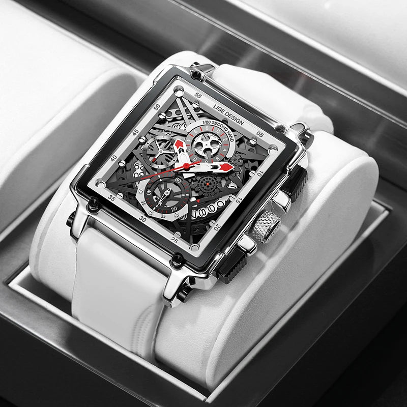 2025 New Men Watches Top Brand Luxury Hollow Square Sport Watch for Men Fashion Silicone Strap Waterproof Quartz Wristwatch